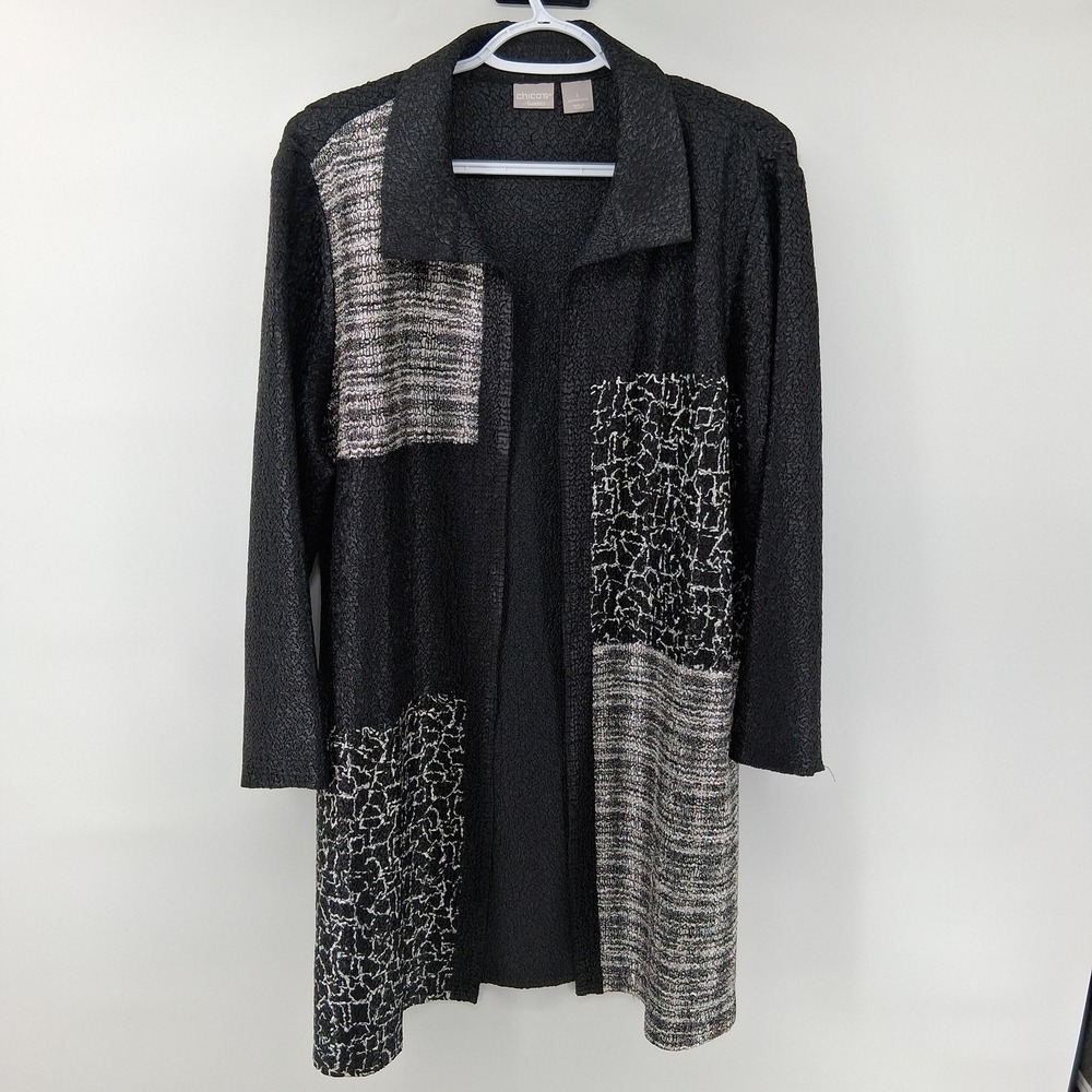 Chicos Jacket Womens Sz 1 Black Travelers Knit Open Front Geometric Duster Coat